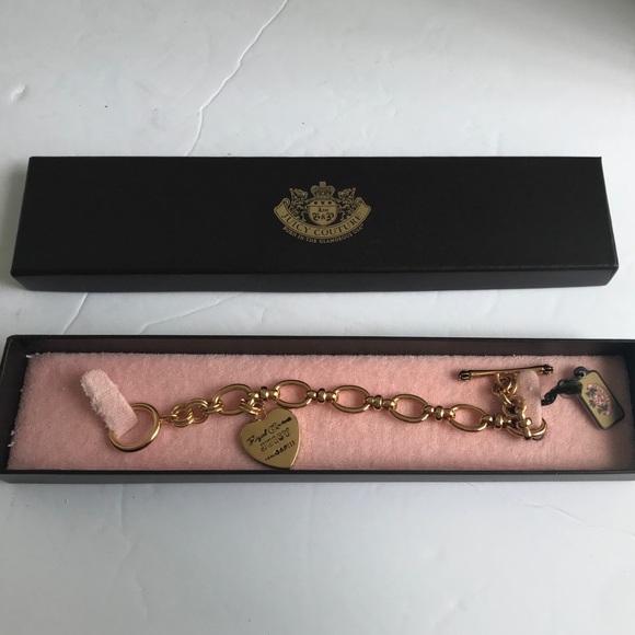 JUICY COUTURE New Heart Charm Rolo Link Bracelet JC Logo Gold Tone Gift Box